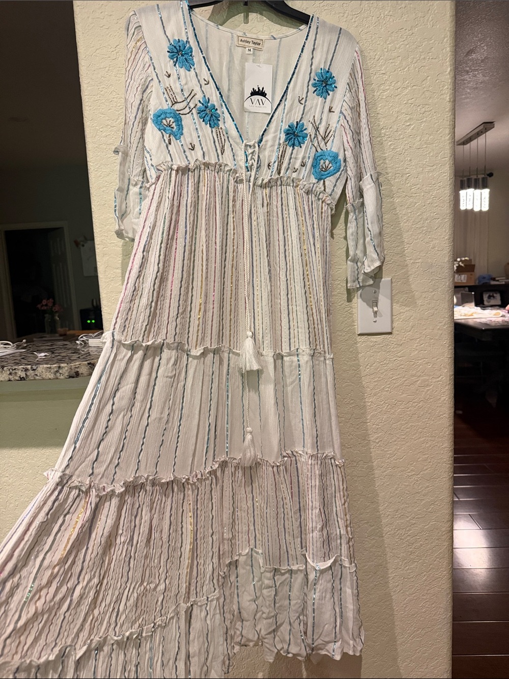 Ashley Taylor White Maxi Dress with Blue Floral Embroidery - Picture 5 of 7